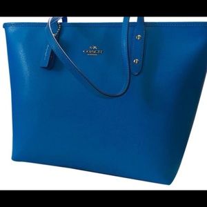 COACH CITY NEW ZIP IN CROSSGRAIN AZURE SILVER BLUE LEATHER TOTE BAG